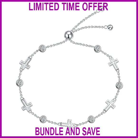 Sterling Silver Adjustable Cross Bracelet with Zirconia Stones - Picture 1 of 8